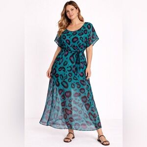 MT Collection XXL Teal Leopard Print Sheer Overlay Hi Lo Maxi Dress Unlined